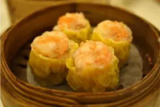 Siu mai straight from the steamer, a shrimp on each crown