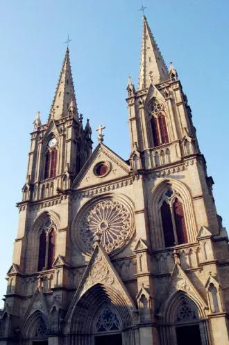 The twin-spired facade, built entirely of granite