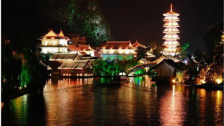 The ring of water and its pagodas after dark