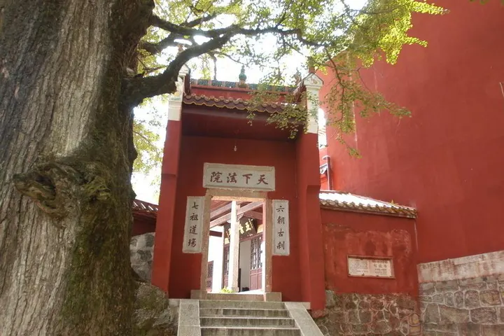 福严寺山门：红墙中间开一个门洞，门上石匾刻“天下法院”，两侧石联，左边一棵老树的树干占了半个画面