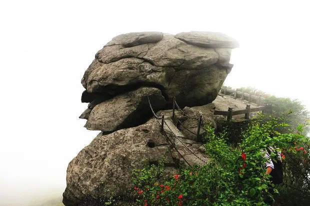 会仙桥：一块巨大的圆石悬在山脊上，石缝里凿出窄阶，边上拉着铁链，右侧一丛红花，雾把背景全吃掉