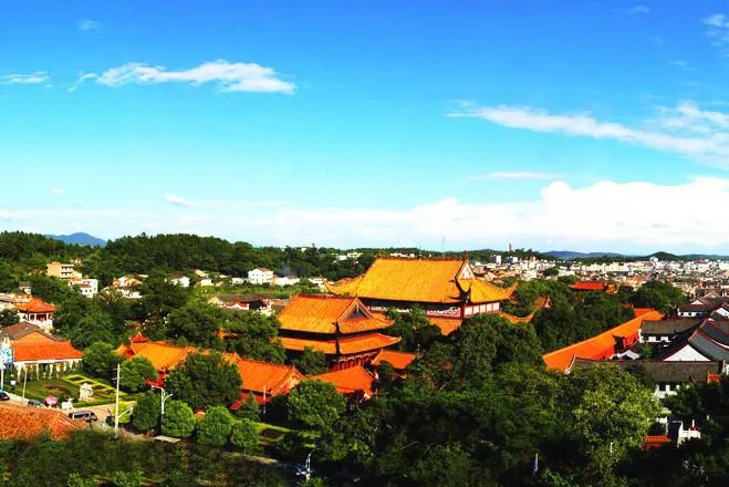 从高处看南岳大庙：一整片黄色琉璃瓦压在红墙和古树上，屋脊一层层往后退，远处是南岳镇的白色屋顶