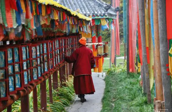 A prayer-flag walkway in the village, a figure in red walking through