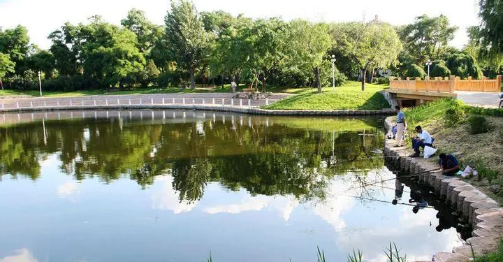 浑河边公园：水面倒着树影，岸边有人在石阶上坐着