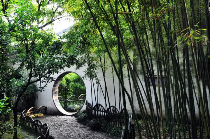 A moon gate turning a courtyard of bamboo into a picture