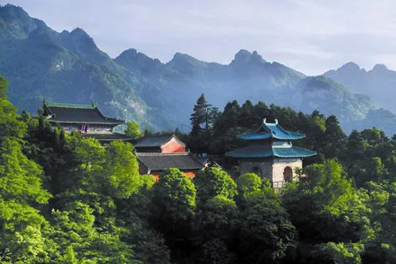 山腰的一组屋顶：绿琉璃、灰瓦、红墙一间挨一间退到树林里，后面是连着的山脊