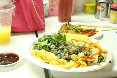Oyster omelette straight off the hotplate