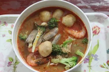 A breakfast bowl of sha cha noodles