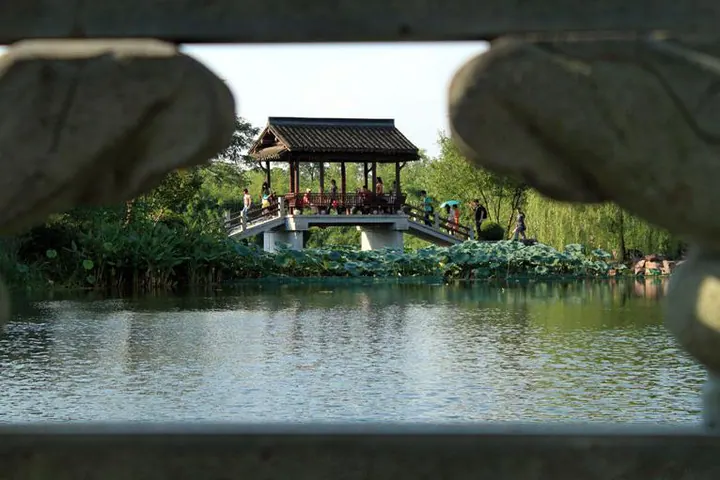 A covered bridge over a lotus pond, framed by a stone balustrade