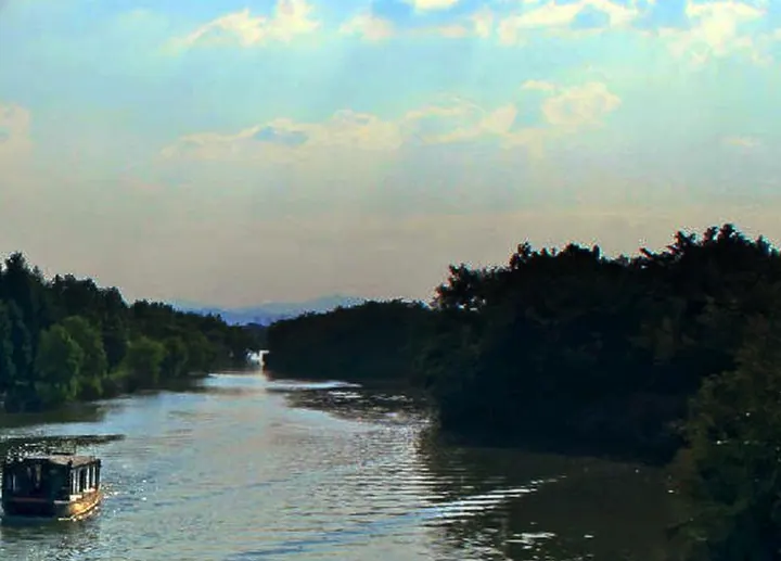 The main channel bends between two walls of trees