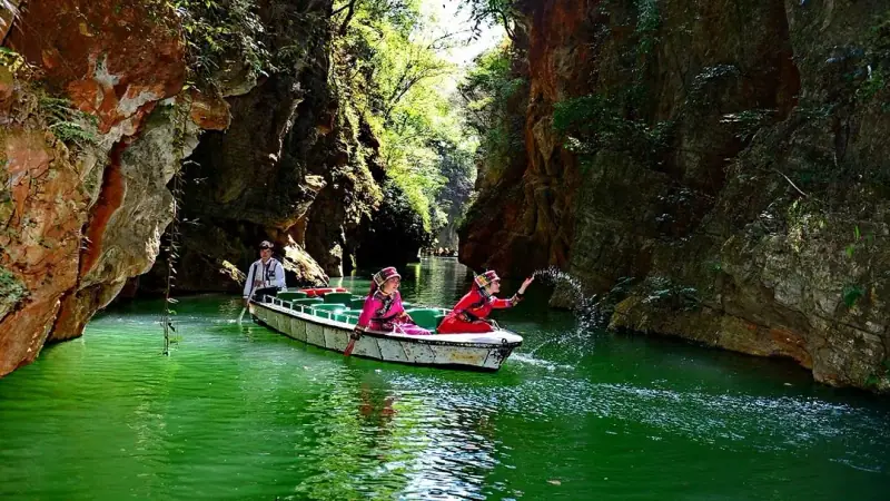 A boat inside the Jiuxiang caves