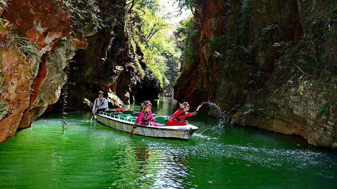A boat inside the Jiuxiang caves